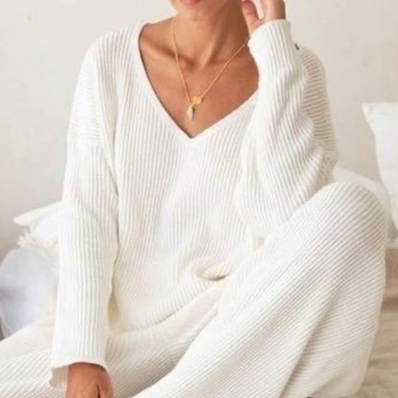Om & Ah Earth White Ribbed Knit Cotton Sweater Size XL New - Picture 1 of 6